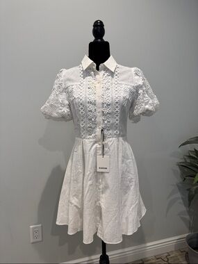 White Lace Button-Front Mini Dress